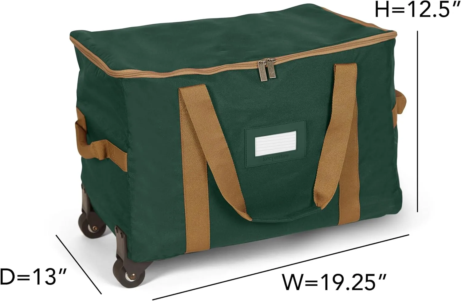 Covermates Keepsakes Rolling Adjustable Ornament Storage Bag - Carrying Handles, Padded Protection, Dual Wheels - Holiday Storage, Green