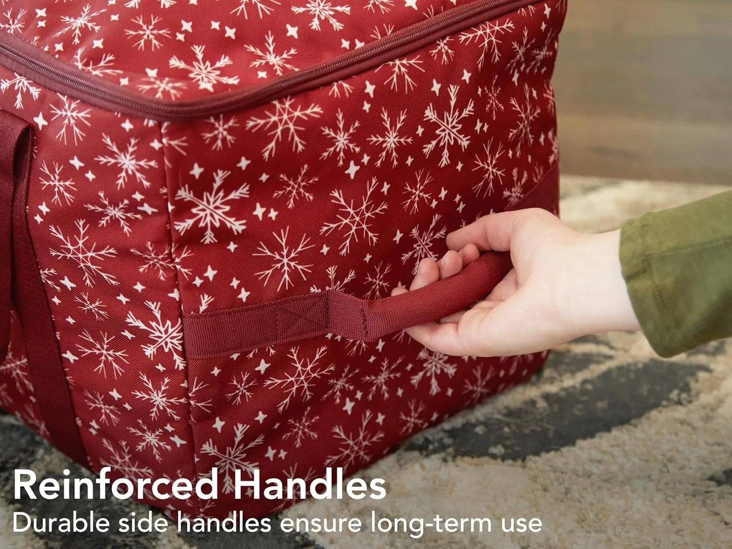 Covermates Keepsakes Rolling Adjustable Ornament Storage Bag - Carrying Handles, Padded Protection, Dual Wheels - Holiday Storage, Red Snowflake
