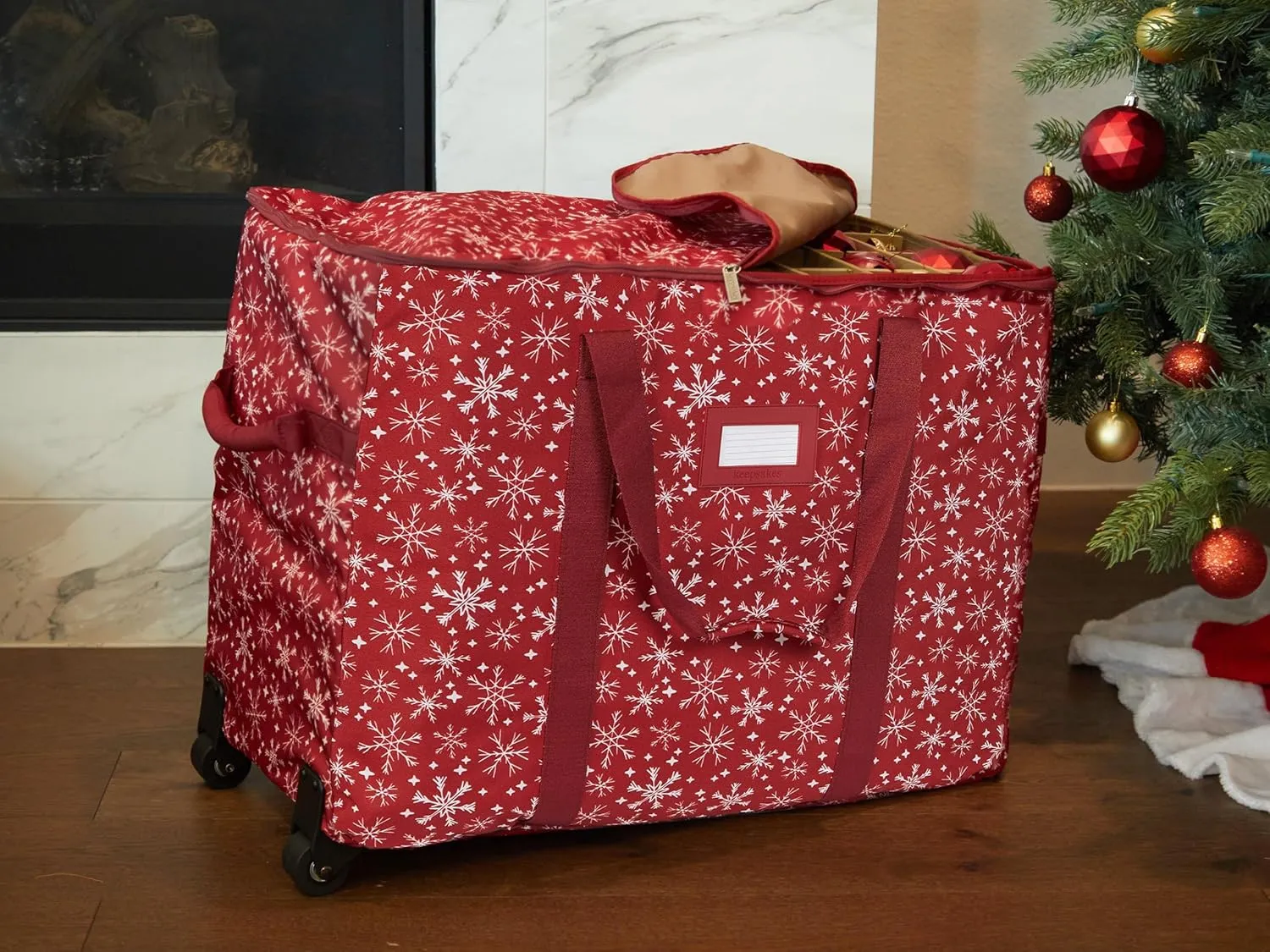 Covermates Keepsakes Rolling Adjustable Ornament Storage Bag - Carrying Handles, Padded Protection, Dual Wheels - Holiday Storage, Red Snowflake