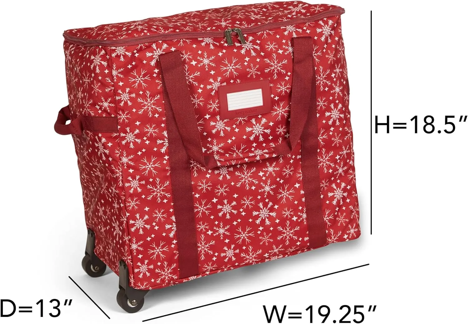 Covermates Keepsakes Rolling Adjustable Ornament Storage Bag - Carrying Handles, Padded Protection, Dual Wheels - Holiday Storage, Red Snowflake