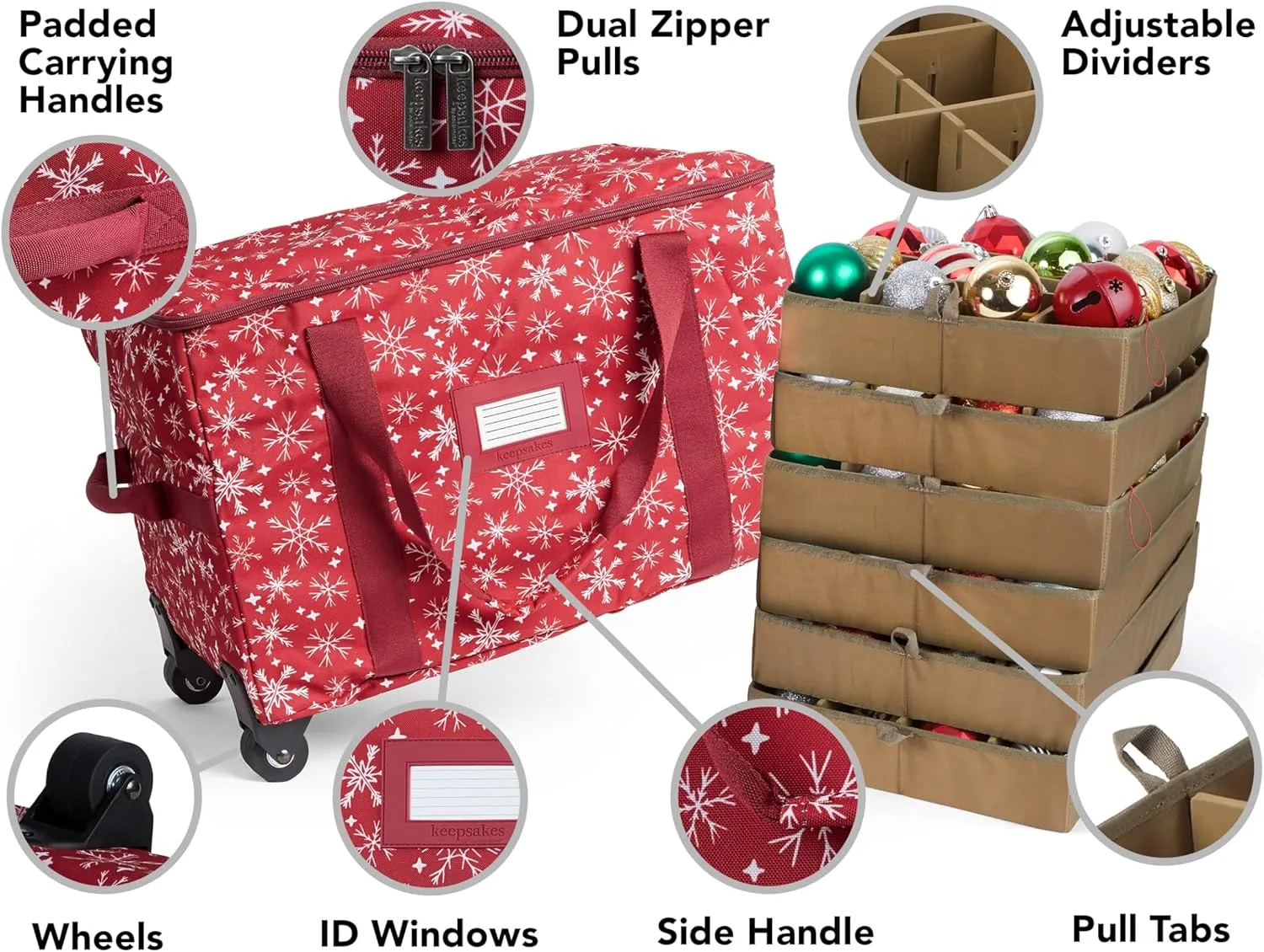 Covermates Keepsakes Rolling Adjustable Ornament Storage Bag - Carrying Handles, Padded Protection, Dual Wheels - Holiday Storage, Red Snowflake