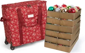 Covermates Keepsakes Rolling Adjustable Ornament Storage Bag - Carrying Handles, Padded Protection, Dual Wheels - Holiday Storage, Red Snowflake