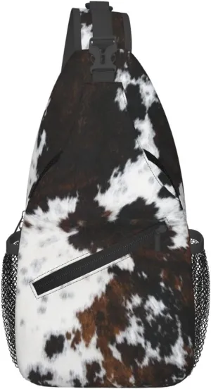 Cow Print Sling Bag Crossbody Backpack,Abstract Cowhide Fur White Black Brown Print Farmhouse Chest Bag Casual Shoulder Backpack Cute Animal Skin Print Travel Hiking Daypack for Men Women