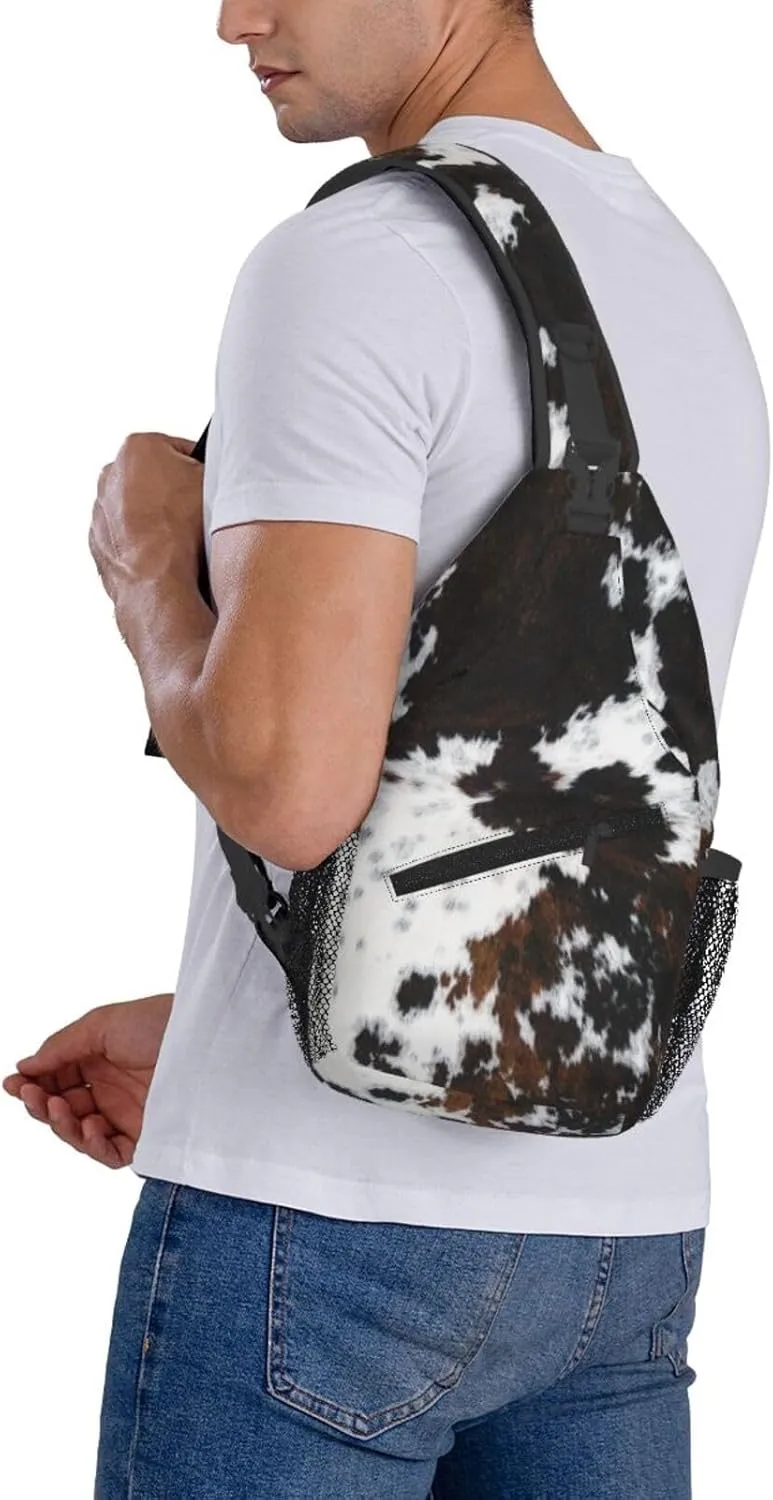 Cow Print Sling Bag Crossbody Backpack,Abstract Cowhide Fur White Black Brown Print Farmhouse Chest Bag Casual Shoulder Backpack Cute Animal Skin Print Travel Hiking Daypack for Men Women