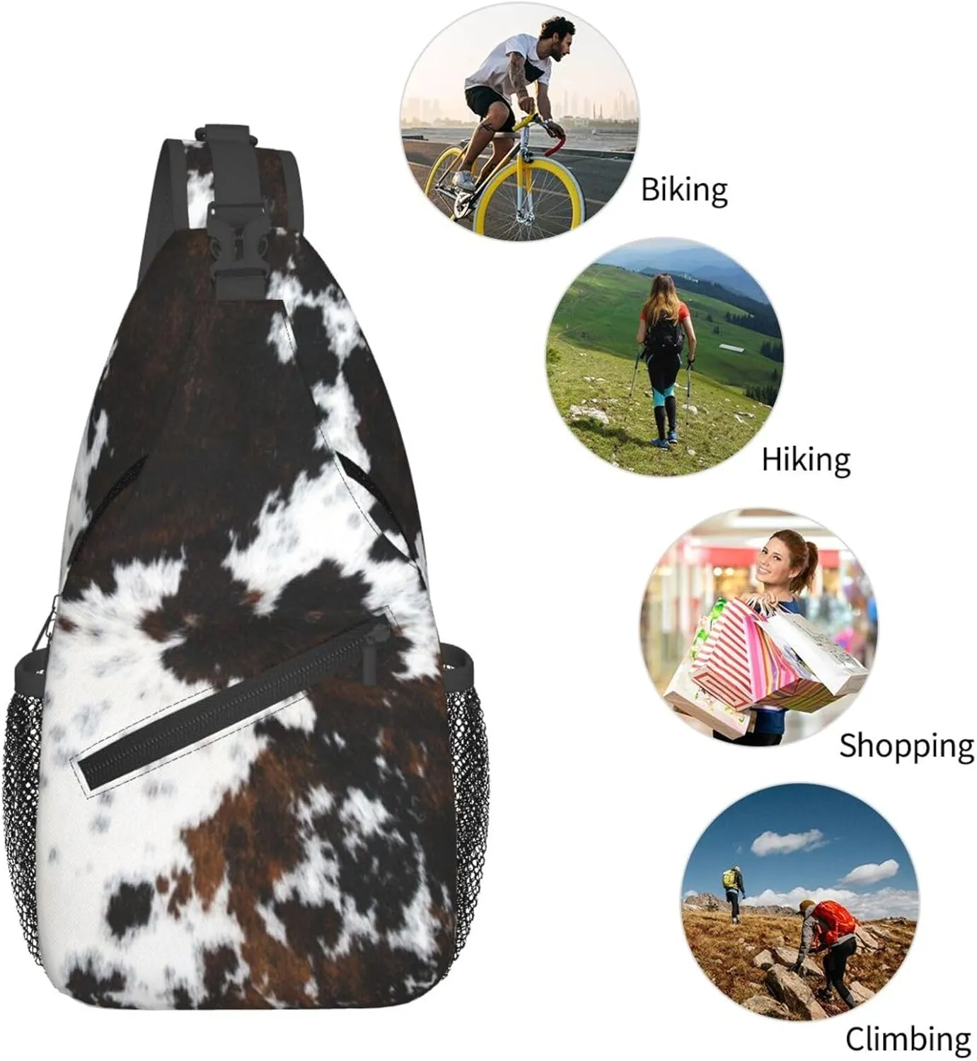 Cow Print Sling Bag Crossbody Backpack,Abstract Cowhide Fur White Black Brown Print Farmhouse Chest Bag Casual Shoulder Backpack Cute Animal Skin Print Travel Hiking Daypack for Men Women