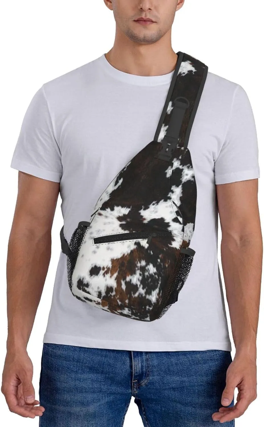 Cow Print Sling Bag Crossbody Backpack,Abstract Cowhide Fur White Black Brown Print Farmhouse Chest Bag Casual Shoulder Backpack Cute Animal Skin Print Travel Hiking Daypack for Men Women