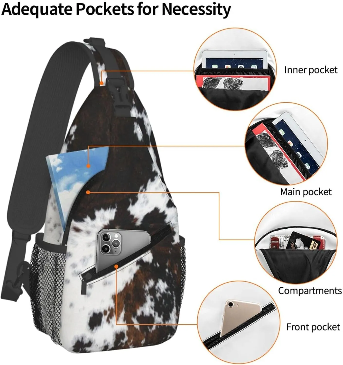 Cow Print Sling Bag Crossbody Backpack,Abstract Cowhide Fur White Black Brown Print Farmhouse Chest Bag Casual Shoulder Backpack Cute Animal Skin Print Travel Hiking Daypack for Men Women