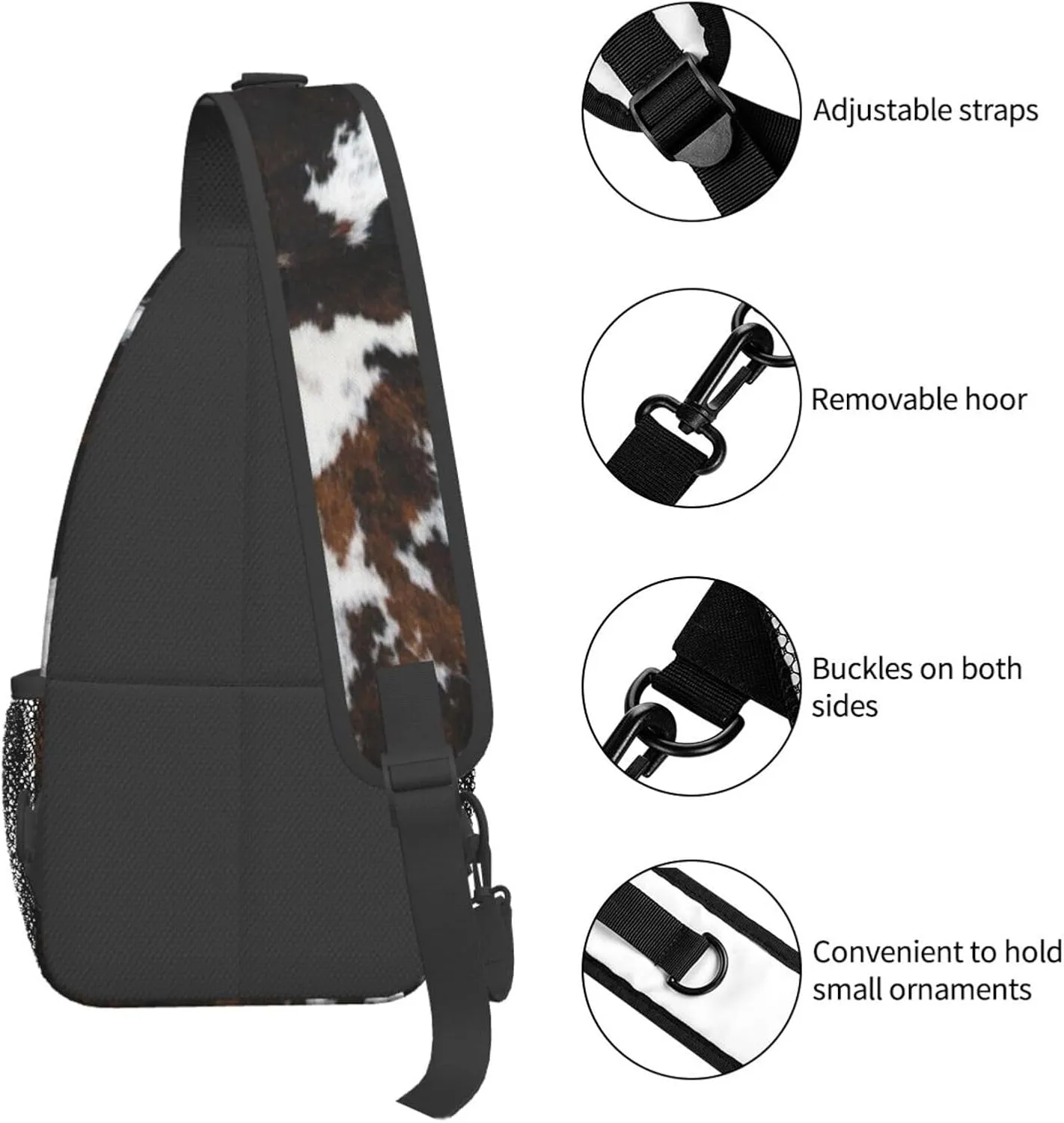 Cow Print Sling Bag Crossbody Backpack,Abstract Cowhide Fur White Black Brown Print Farmhouse Chest Bag Casual Shoulder Backpack Cute Animal Skin Print Travel Hiking Daypack for Men Women