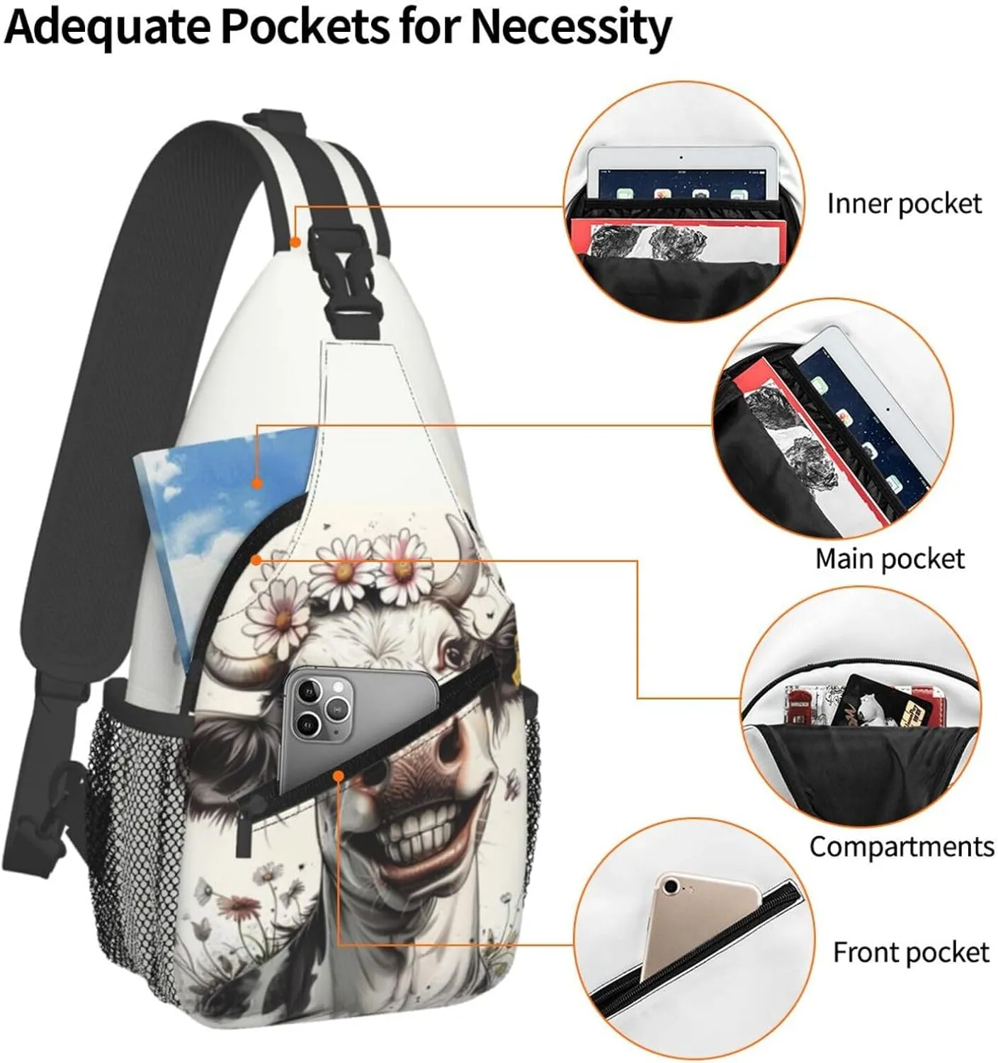 Cow Sling Backpack Small Crossbody Shoulder Bag Sling Bag Chest Bag Travel Hiking Casual Sport Daypack For Women Men