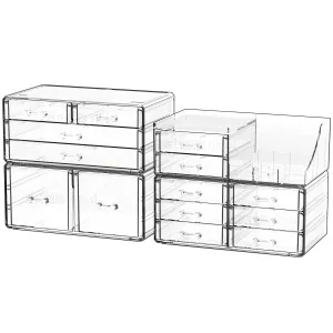 Cq acrylic Make Up Organizers for Vanity With 14 Drawers, 4 Pack Clear Drawer Organizers,Plastic Cute Desk Accessories Organization and Bathroom Organizers Storage Case Box Cube for Beauty,Skin Care