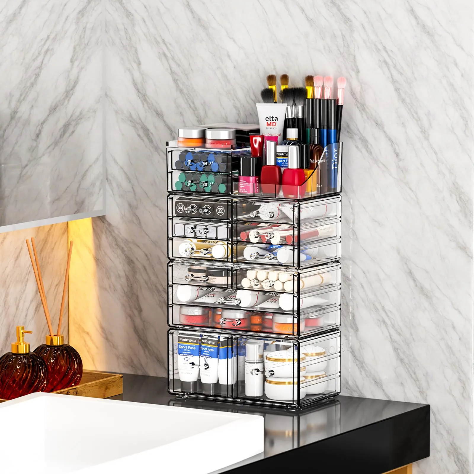 Cq acrylic Make Up Organizers for Vanity With 14 Drawers, 4 Pack Clear Drawer Organizers,Plastic Cute Desk Accessories Organization and Bathroom Organizers Storage Case Box Cube for Beauty,Skin Care
