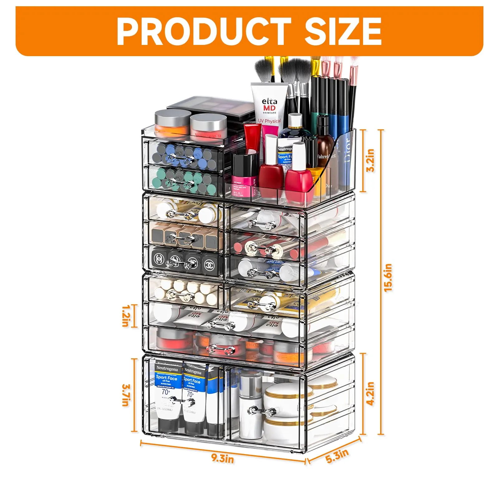Cq acrylic Make Up Organizers for Vanity With 14 Drawers, 4 Pack Clear Drawer Organizers,Plastic Cute Desk Accessories Organization and Bathroom Organizers Storage Case Box Cube for Beauty,Skin Care