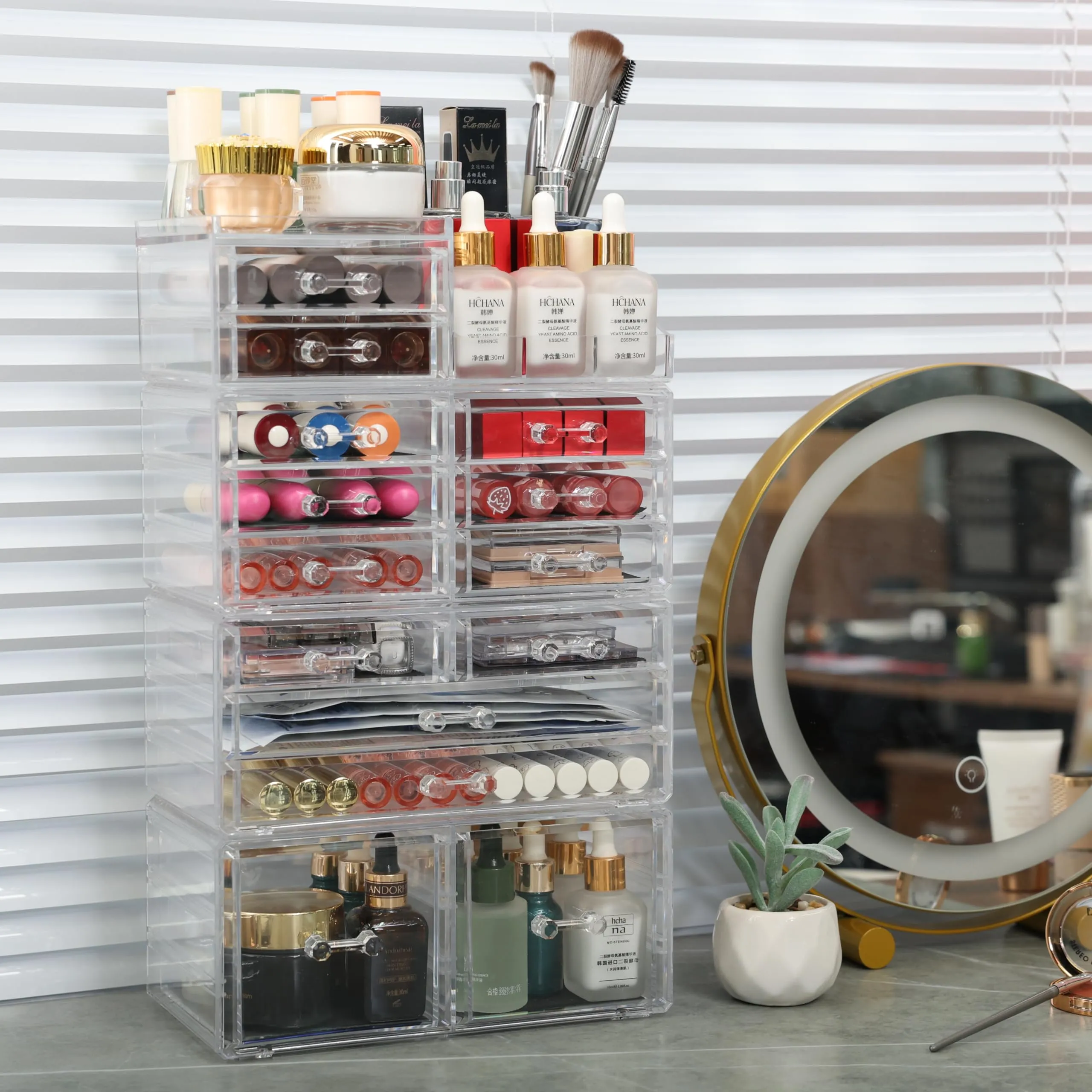 Cq acrylic Make Up Organizers for Vanity With 14 Drawers, 4 Pack Clear Drawer Organizers,Plastic Cute Desk Accessories Organization and Bathroom Organizers Storage Case Box Cube for Beauty,Skin Care