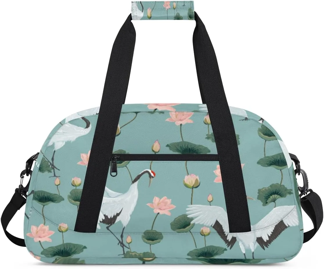 Crane Gym Duffel Bag for Men Women Pink Lotus Sports Tote Bag with Adjustable Shoulder Strap for Dance Gymnastics Traveling Outdoor Camping Overnight Stay