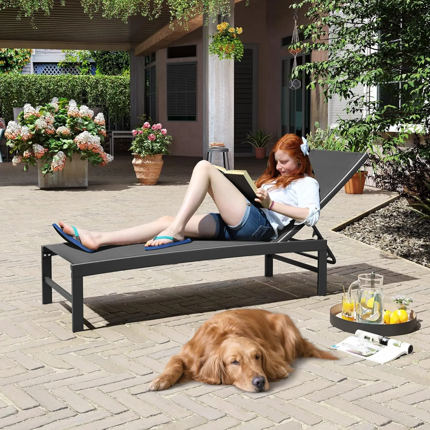 Crestlive Products Outdoor Lounge Chairs, Aluminum Pool Chaise Lounge Chairs, Adjustable Five-Position Tanning Recliner, All Weather for Patio, Beach, Yard, Pool (1PC Black)