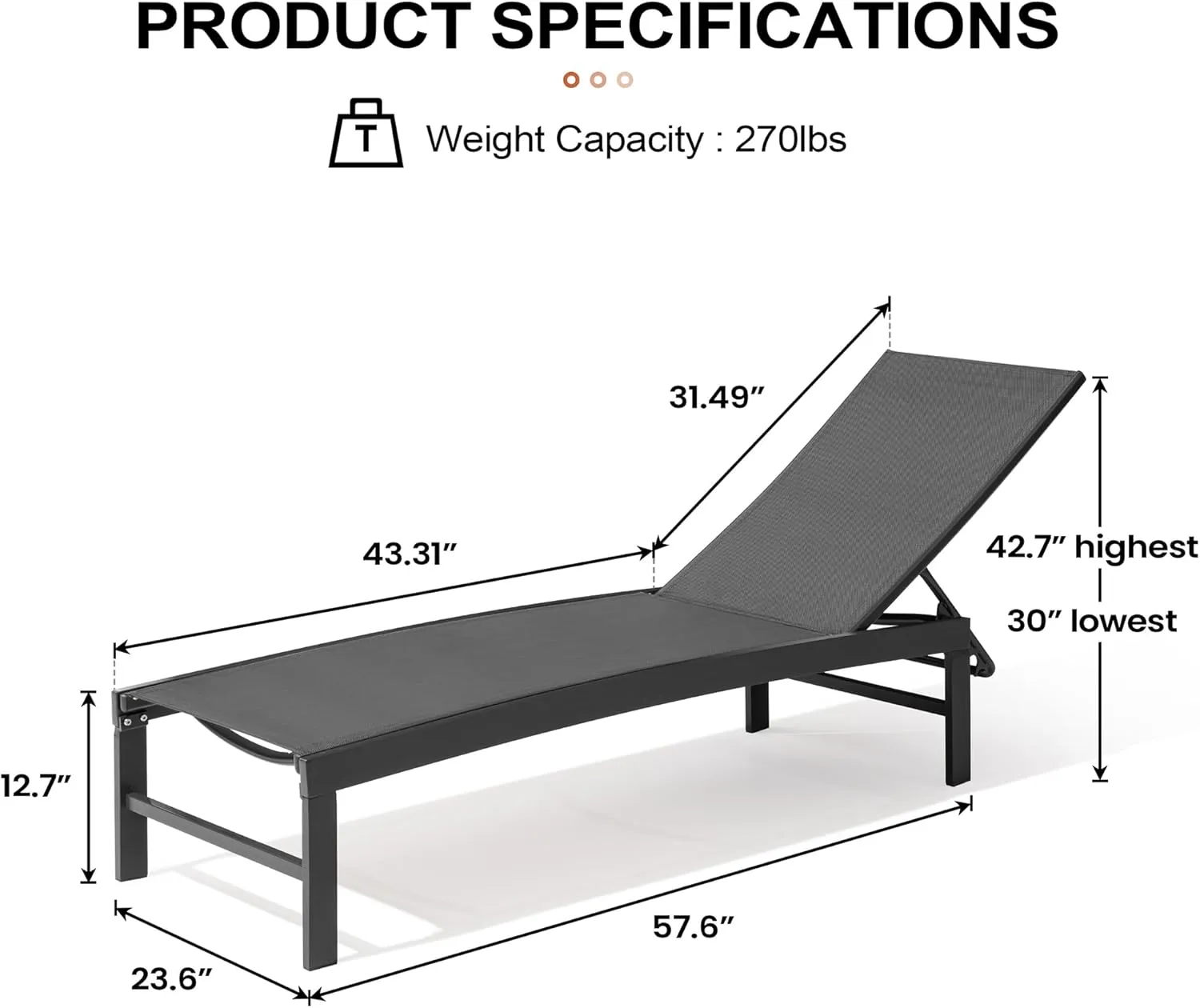 Crestlive Products Outdoor Lounge Chairs, Aluminum Pool Chaise Lounge Chairs, Adjustable Five-Position Tanning Recliner, All Weather for Patio, Beach, Yard, Pool (1PC Black)