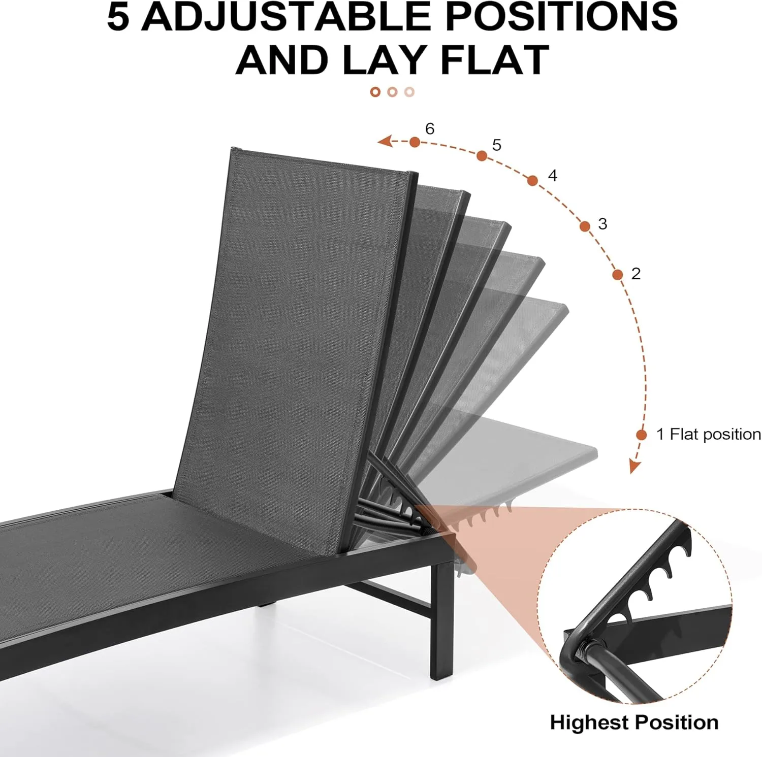Crestlive Products Outdoor Lounge Chairs, Aluminum Pool Chaise Lounge Chairs, Adjustable Five-Position Tanning Recliner, All Weather for Patio, Beach, Yard, Pool (1PC Black)