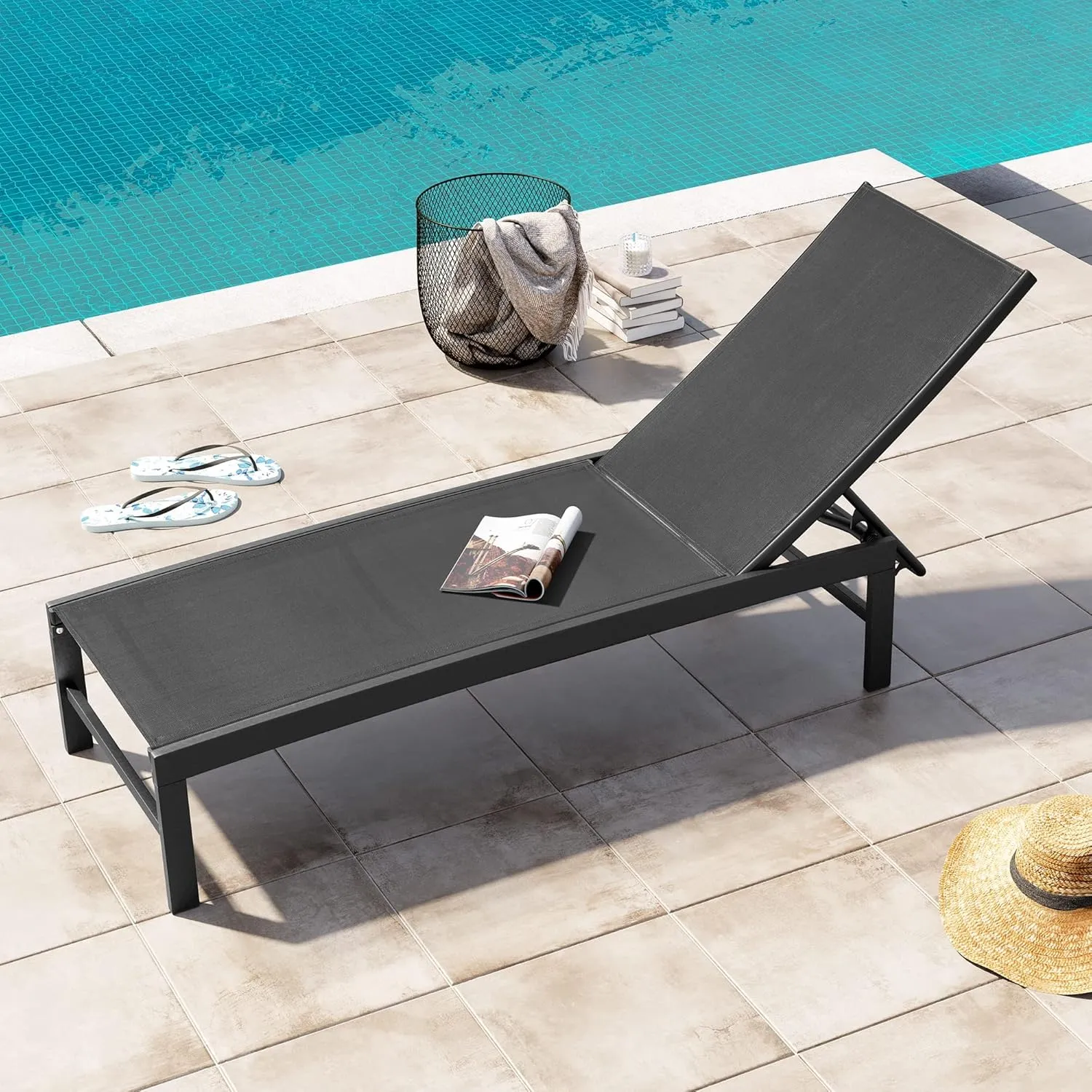Crestlive Products Outdoor Lounge Chairs, Aluminum Pool Chaise Lounge Chairs, Adjustable Five-Position Tanning Recliner, All Weather for Patio, Beach, Yard, Pool (1PC Black)