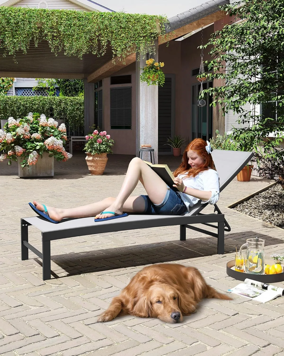 Crestlive Products Outdoor Lounge Chairs, Aluminum Pool Chaise Lounge Chairs, Adjustable Five-Position Tanning Recliner, All Weather for Patio, Beach, Yard, Pool (1PC Light Gray)