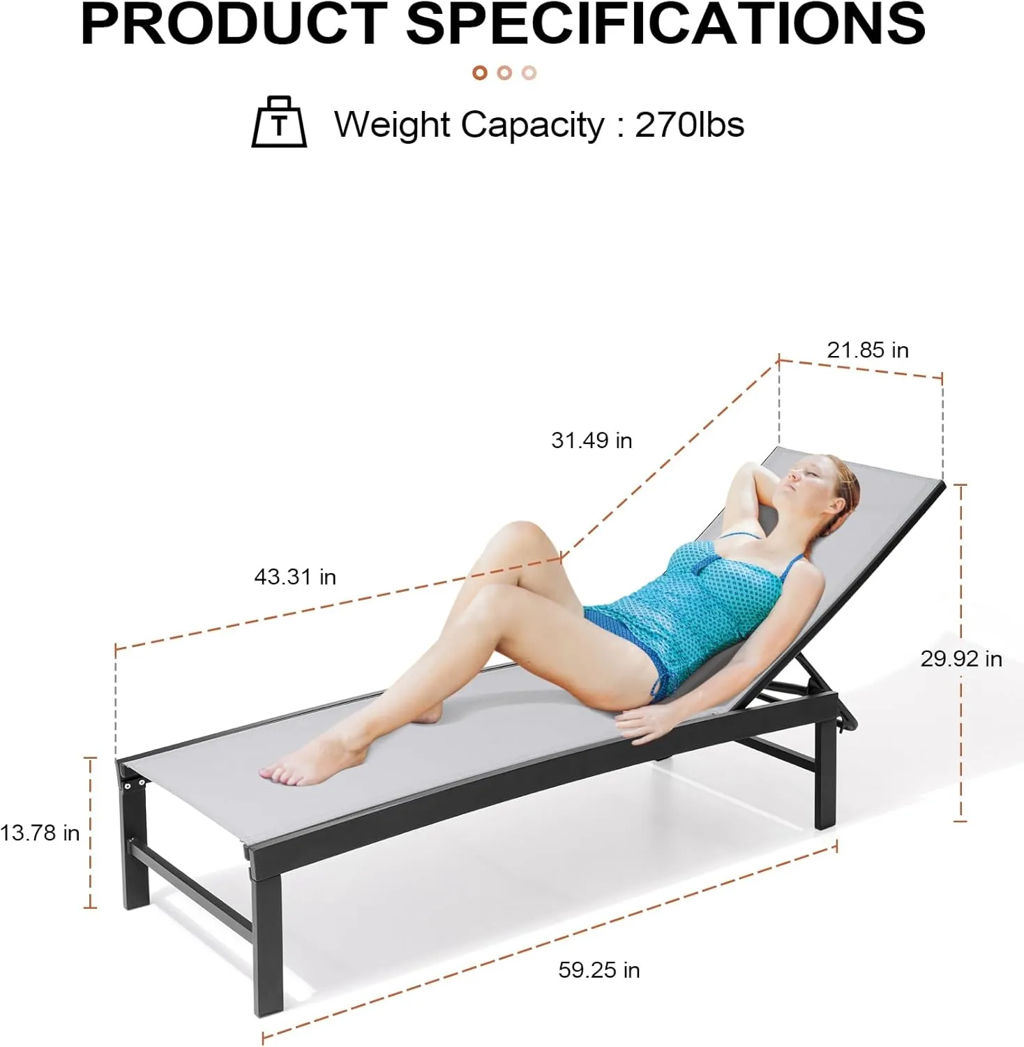 Crestlive Products Outdoor Lounge Chairs, Aluminum Pool Chaise Lounge Chairs, Adjustable Five-Position Tanning Recliner, All Weather for Patio, Beach, Yard, Pool (1PC Light Gray)