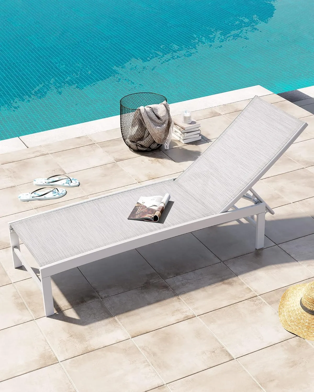 Crestlive Products Outdoor Lounge Chairs, Aluminum Pool Chaise Lounge Chairs, Adjustable Five-Position Tanning Recliner, All Weather for Patio, Beach, Yard, Pool (1PC Multi-Color)