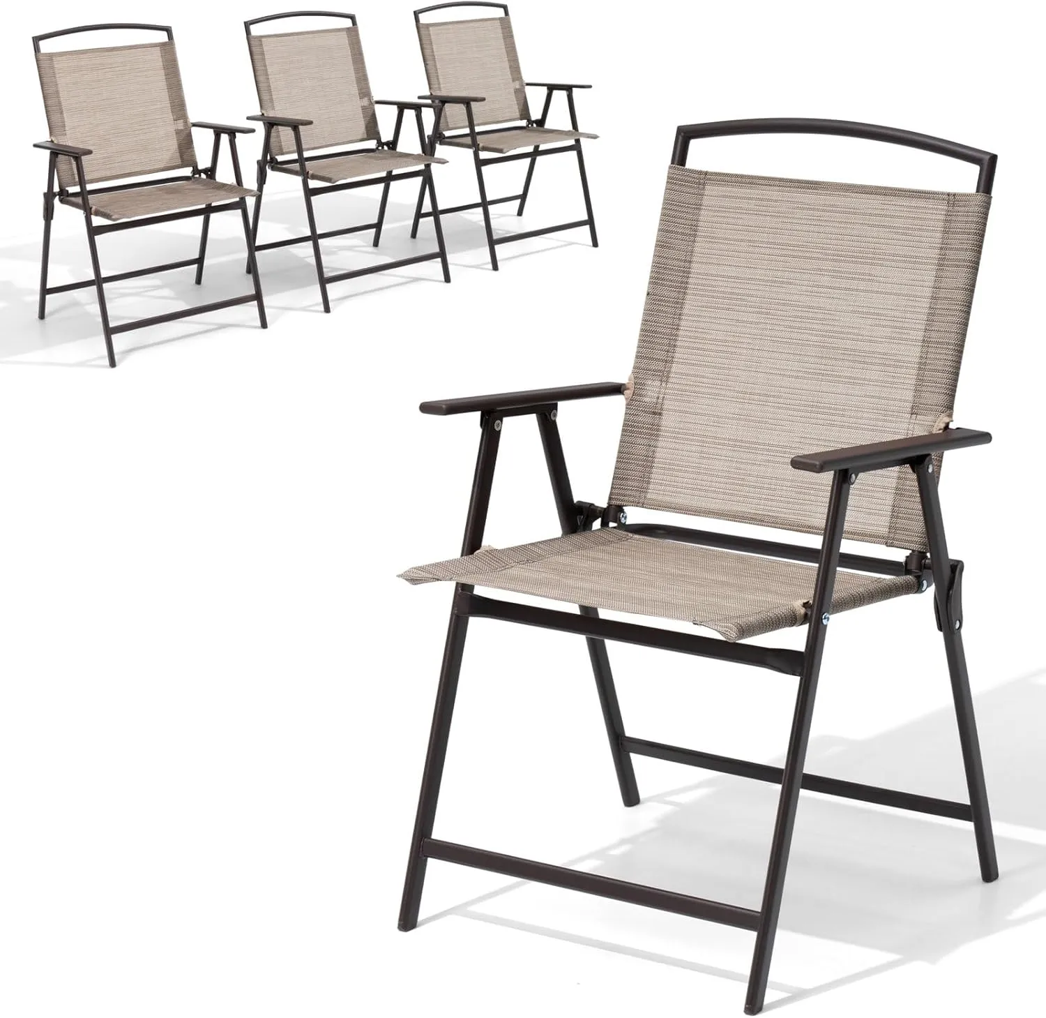 Crestlive Products Set of 4 Patio Folding Chairs 4-Pack Dining Chairs Outdoor Portable Sling with Armrest for Camping, Beach, Garden, Pool, Backyard, Deck (Beige)
