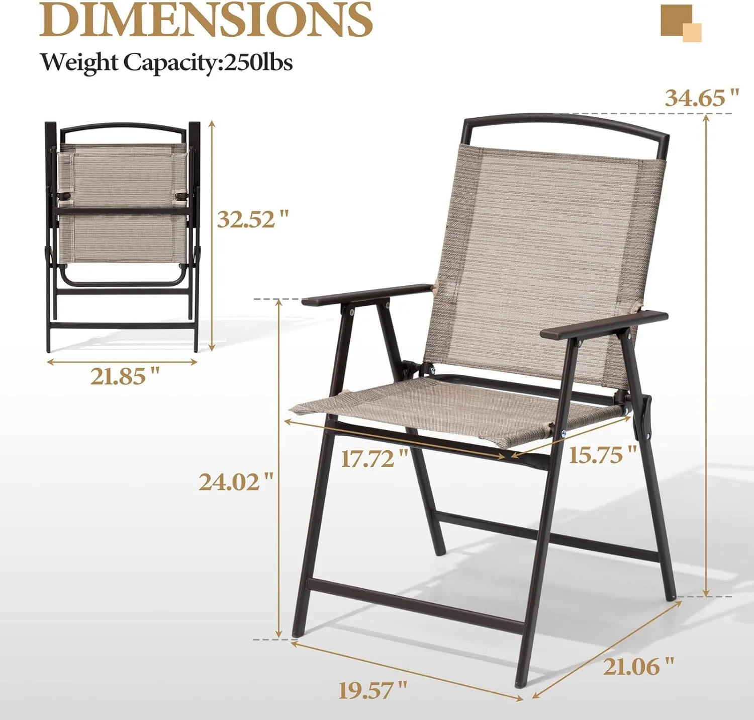 Crestlive Products Set of 4 Patio Folding Chairs 4-Pack Dining Chairs Outdoor Portable Sling with Armrest for Camping, Beach, Garden, Pool, Backyard, Deck (Beige)