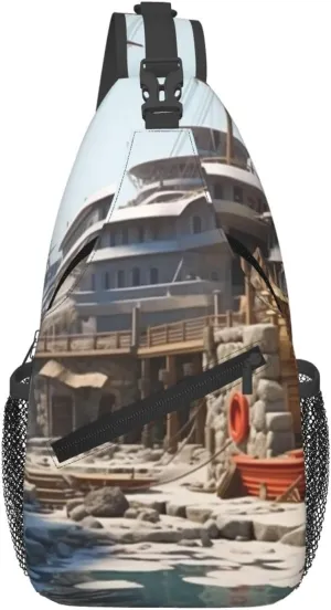 Cross Chest Bag Diagonally Sling Backpack Crossbody Shoulder Bag Docking at the port of the giant ship Branches Sling Bag Travel Hiking Daypack