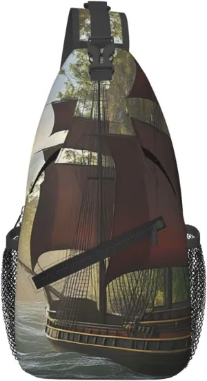 Cross Chest Bag Diagonally Sling Backpack Crossbody Shoulder Bag Pirate ship in library Branches Sling Bag Travel Hiking Daypack