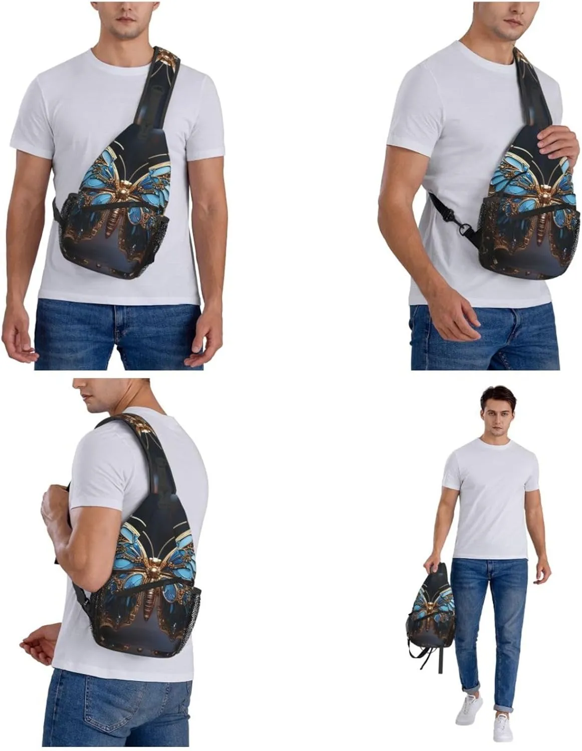 Crossbody Bag for Women Men Blue Butterfly Sculpture Chest Bag Crossbody Sling Bag Adjustable Shoulder Bag