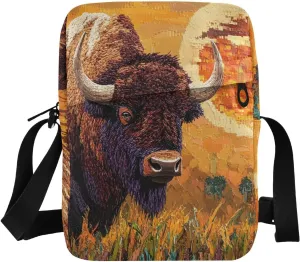 Crossbody Bag Purse Bison Sun Wild Print for Women Men, Shoulder Pouch with Adjustable Strap 6.6×2.5×9.4 IN