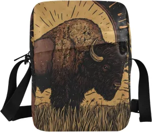 Crossbody Bag Purse Poster Bison Print for Women Men, Small Shoulder Pouch with Adjustable Strap 6.6×2.5×9.4 IN