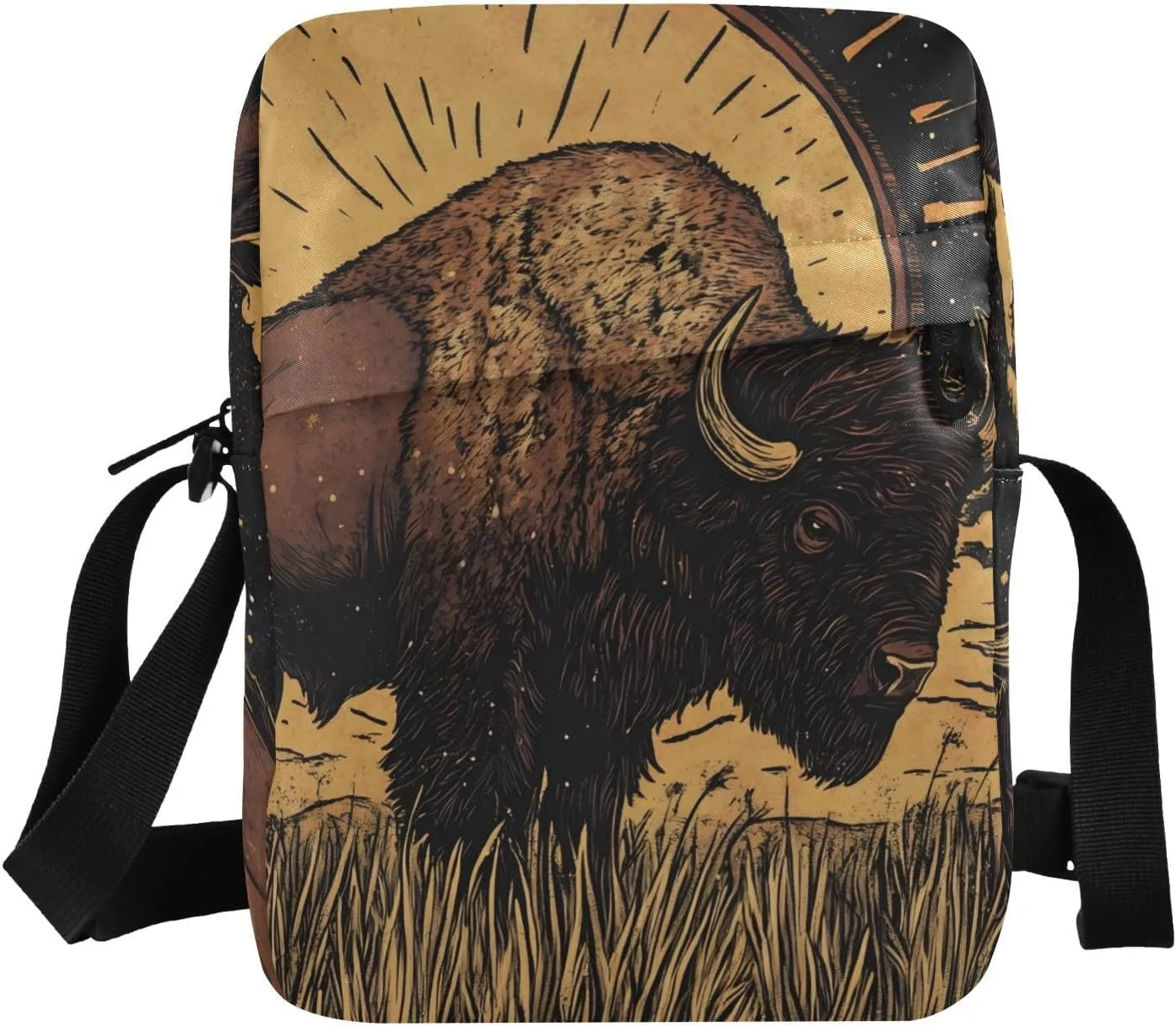 Crossbody Bag Purse Poster Bison Print for Women Men, Small Shoulder Pouch with Adjustable Strap 6.6×2.5×9.4 IN