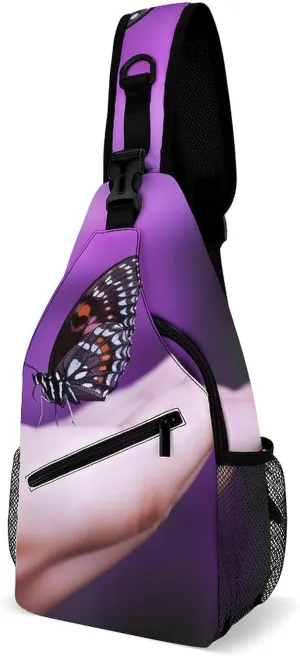 Crossbody Bag Travel Sling Bag for Men Small Sling Backpack Butterfly On Finger Chest Bag Shoulder Bag for Outdoor, 38x20cm