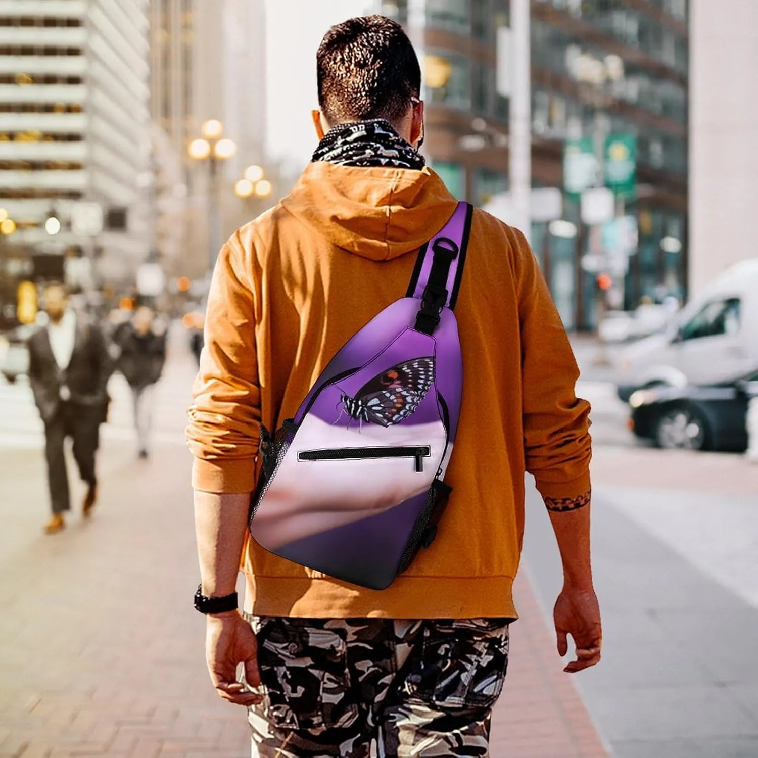 Crossbody Bag Travel Sling Bag for Men Small Sling Backpack Butterfly On Finger Chest Bag Shoulder Bag for Outdoor, 38x20cm