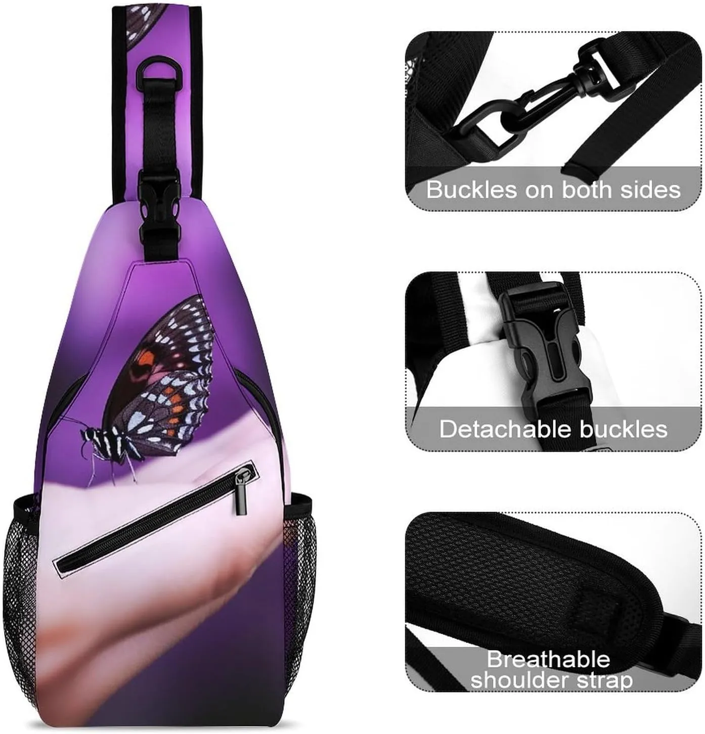 Crossbody Bag Travel Sling Bag for Men Small Sling Backpack Butterfly On Finger Chest Bag Shoulder Bag for Outdoor, 38x20cm