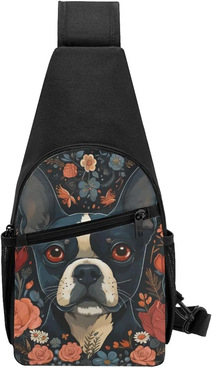 Crossbody Sling Backpack Sling Bag for Men Women Cross Chest Bag Shoulder Bag Boston Terrier Puppy Travel Hiking Daypack