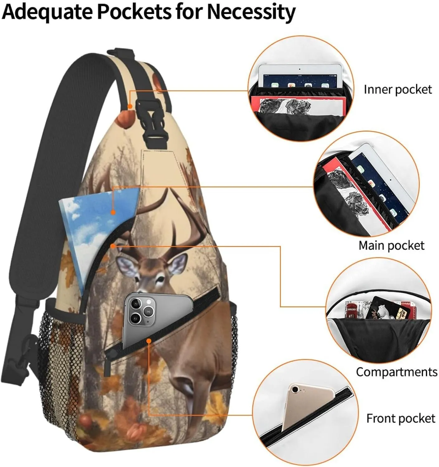 Crossbody Sling Backpack Sling Bag For Men Women Cross Chest Bag Shoulder Bag Deer And Acorns With Autumn Travel Hiking Daypack