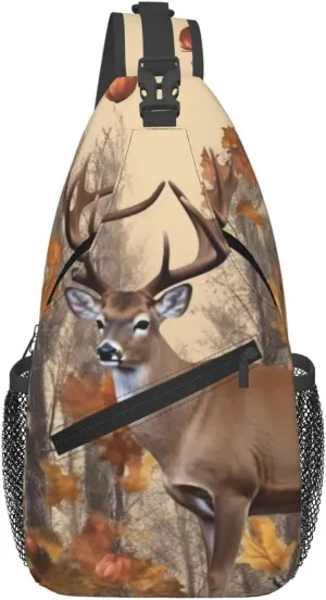 Crossbody Sling Backpack Sling Bag For Men Women Cross Chest Bag Shoulder Bag Deer And Acorns With Autumn Travel Hiking Daypack