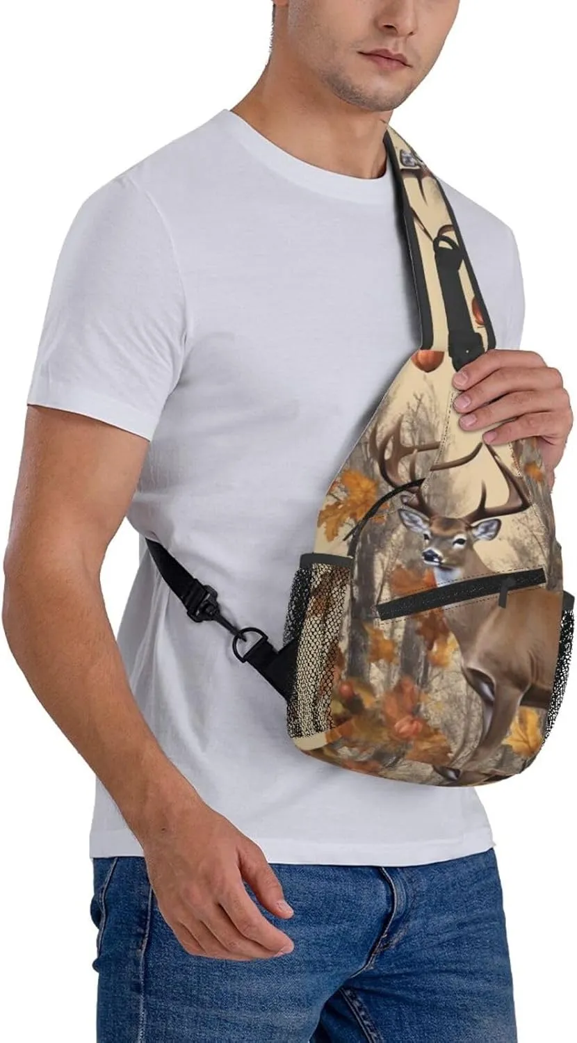 Crossbody Sling Backpack Sling Bag For Men Women Cross Chest Bag Shoulder Bag Deer And Acorns With Autumn Travel Hiking Daypack