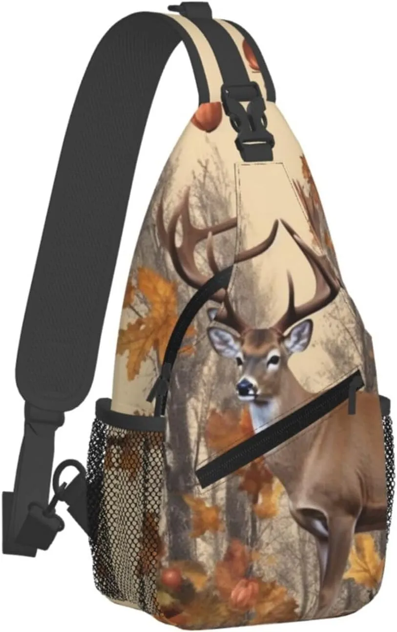 Crossbody Sling Backpack Sling Bag For Men Women Cross Chest Bag Shoulder Bag Deer And Acorns With Autumn Travel Hiking Daypack