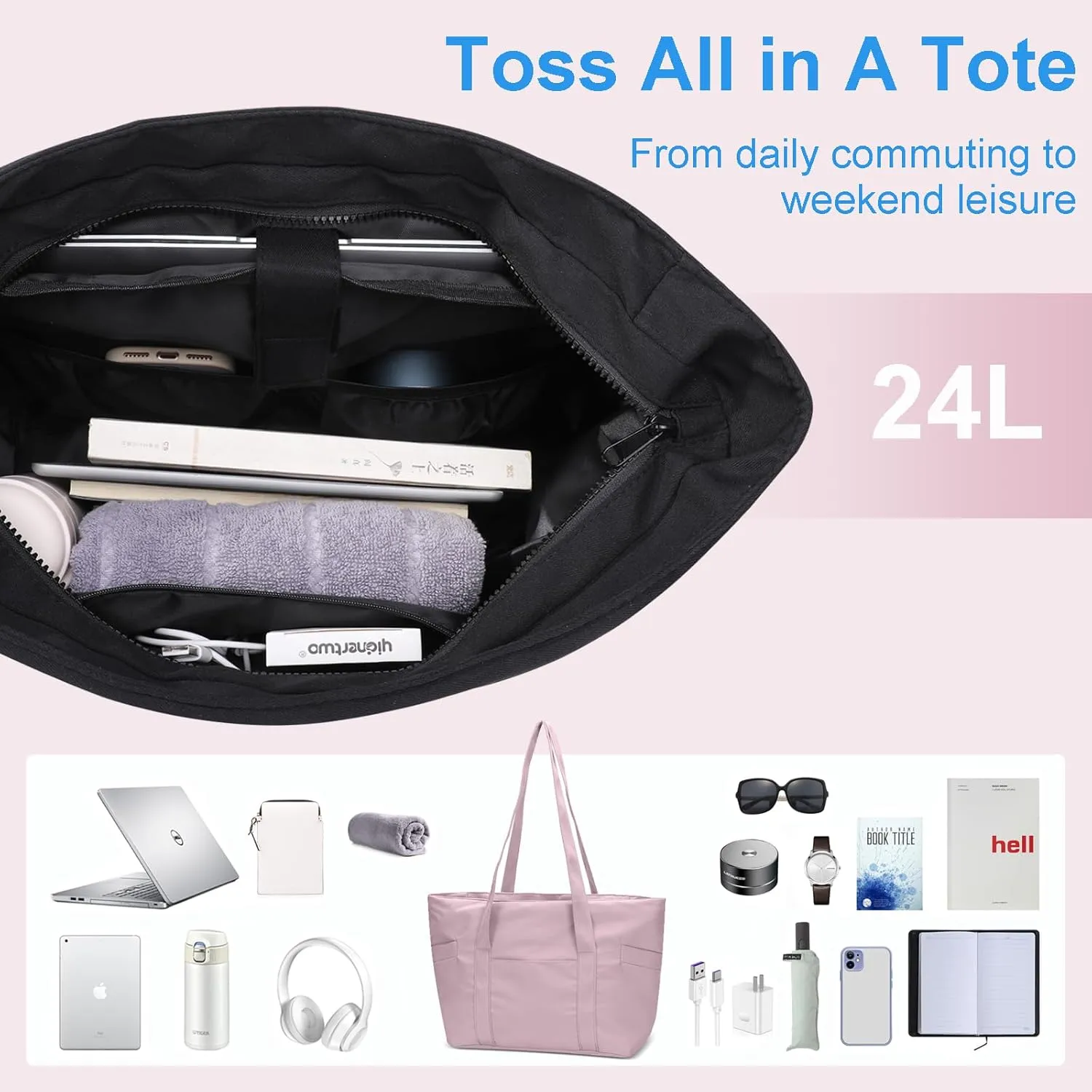 CTWWFS Tote Bag for Women, Travel Essentials Large Tote Bag with Zipper, Top Handle Handbag for Travel, Work