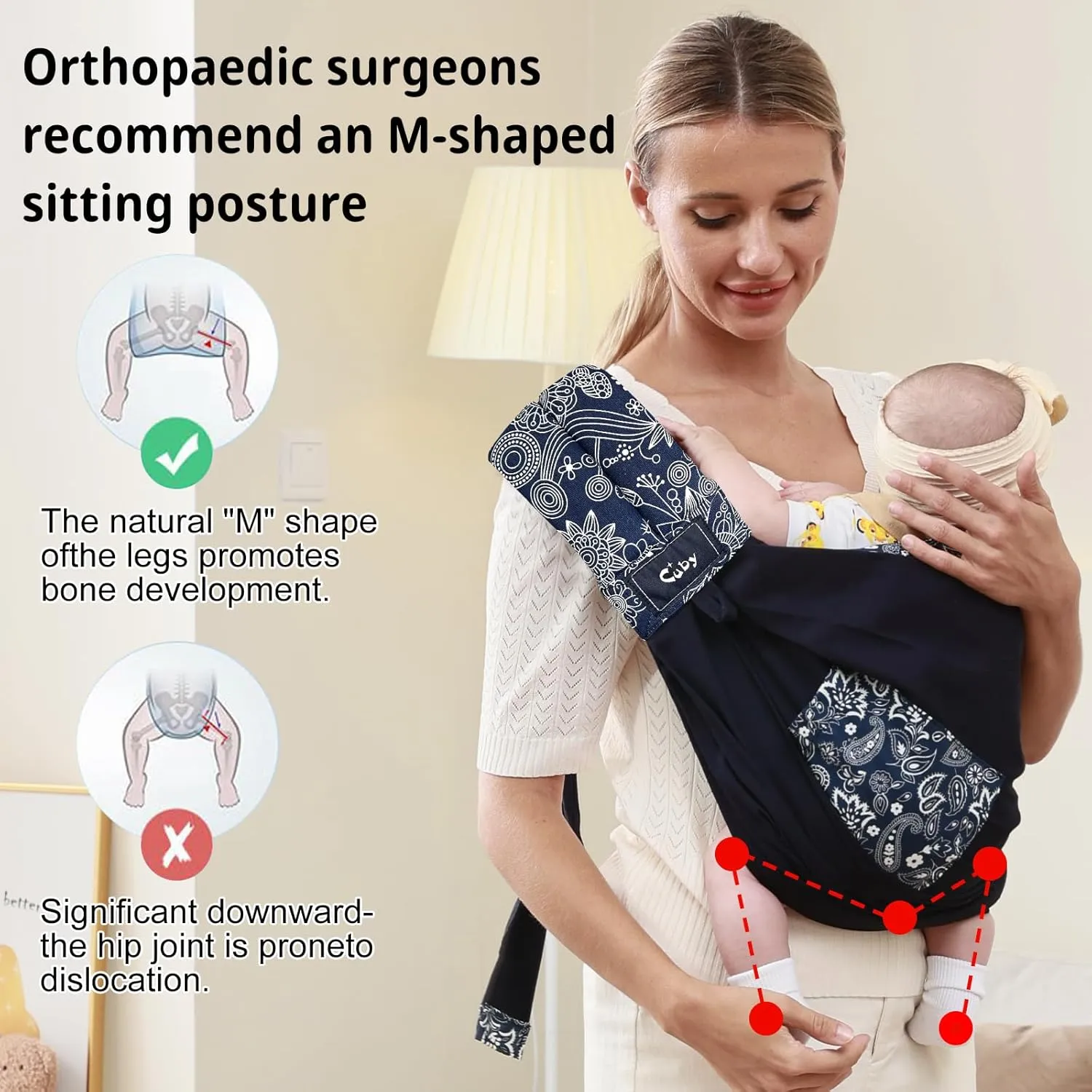 CUBY Wrap Baby Sling Carrier, Baby Wraps Sling Carrier Adjustable Breathable Lightweight Easy to Wearing - Baby Slings for Newborn Infant Toddler Front & Hip Carry Up to 40lbs (Dark Blue Floral)