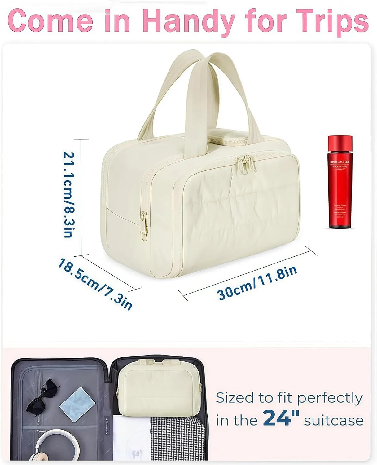 Cureaway Large Capacity Wide-Open Travel Cosmetic Bag, Cureaway Travel Cosmetic Bag Toiletry Bag for Women with Divider and Handle, Waterproof Portable, for Woman and Man (Gray)