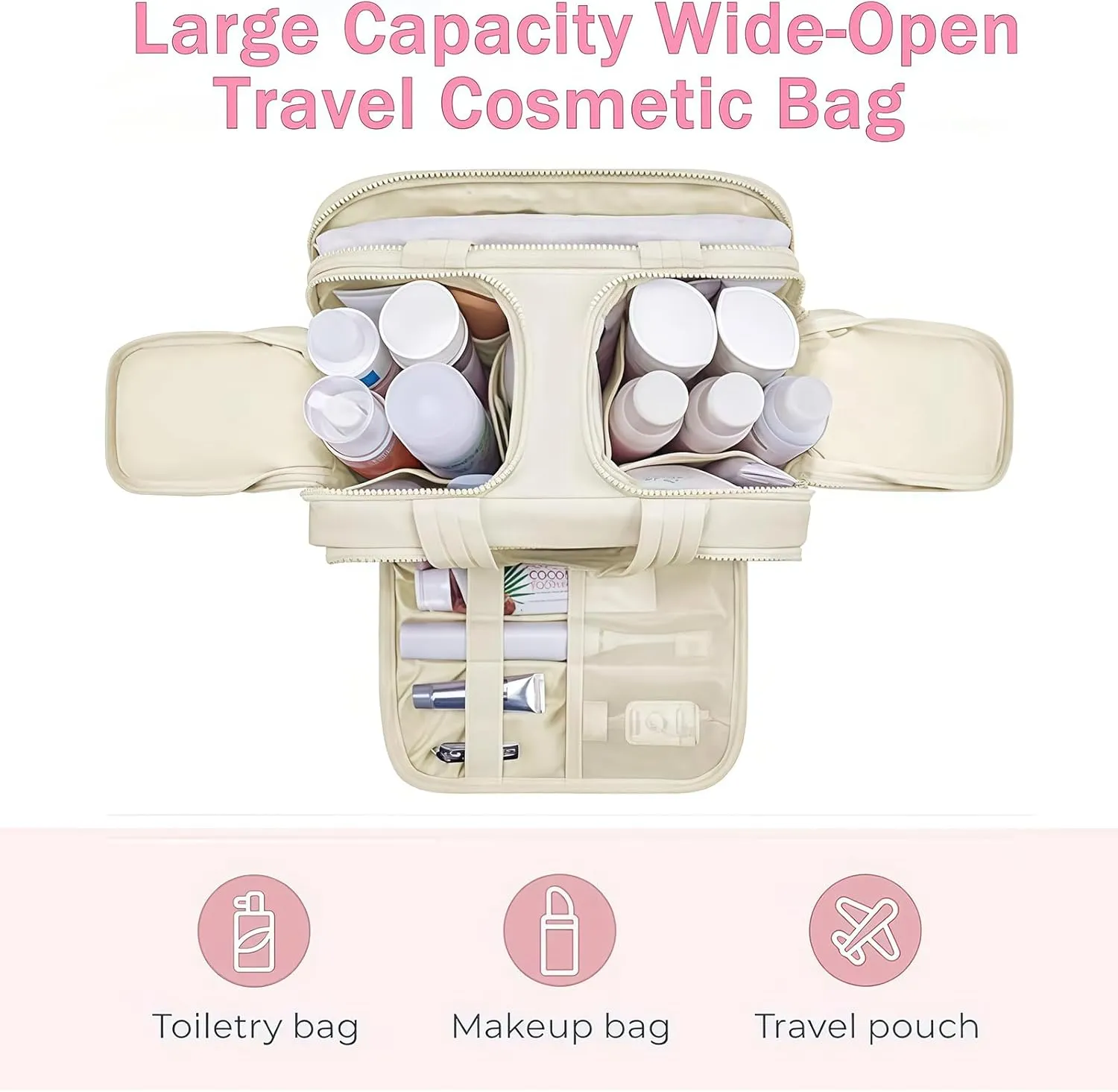Cureaway Large Capacity Wide-Open Travel Cosmetic Bag, Cureaway Travel Cosmetic Bag Toiletry Bag for Women with Divider and Handle, Waterproof Portable, for Woman and Man (Gray)