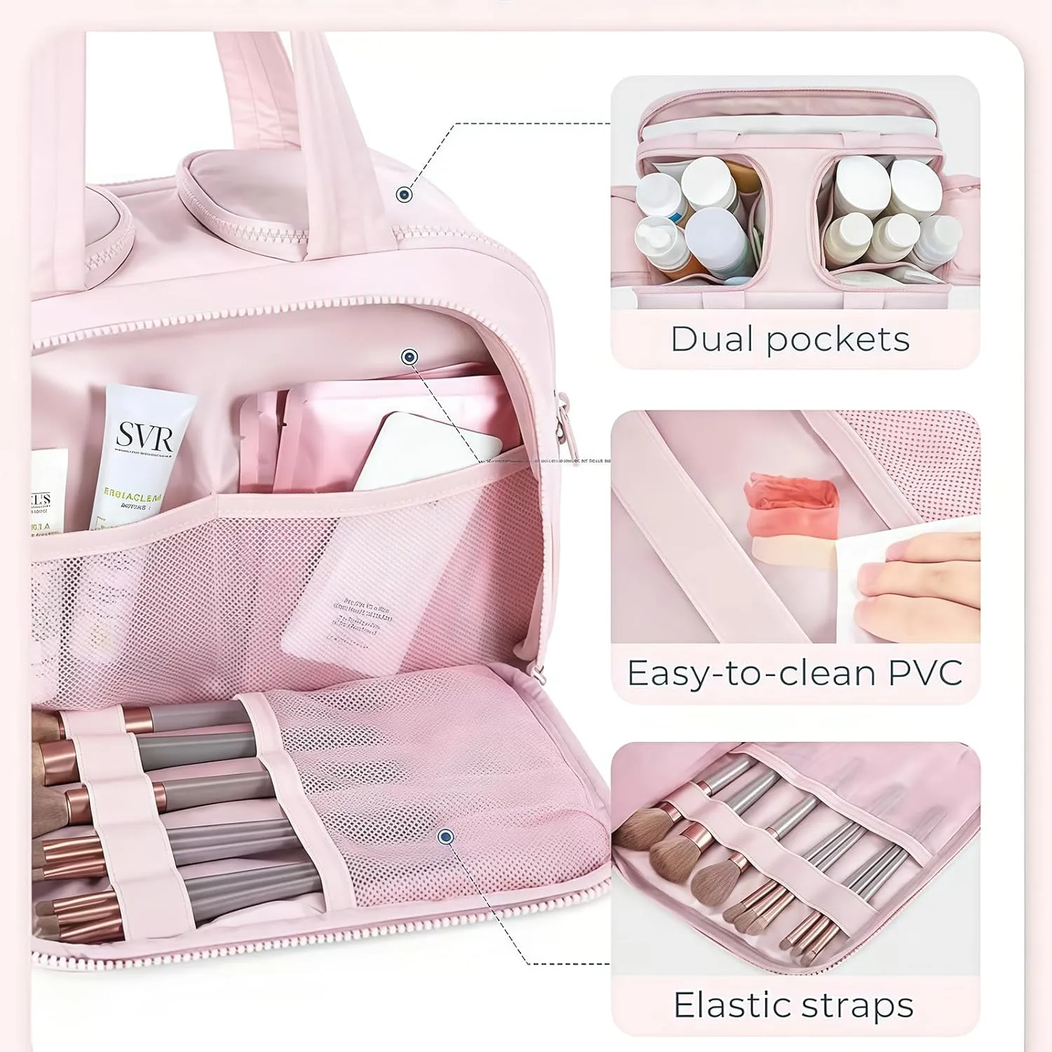 Cureaway Large Capacity Wide-Open Travel Cosmetic Bag, Cureaway Travel Cosmetic Bag Toiletry Bag for Women with Divider and Handle, Waterproof Portable, for Woman and Man (Gray)
