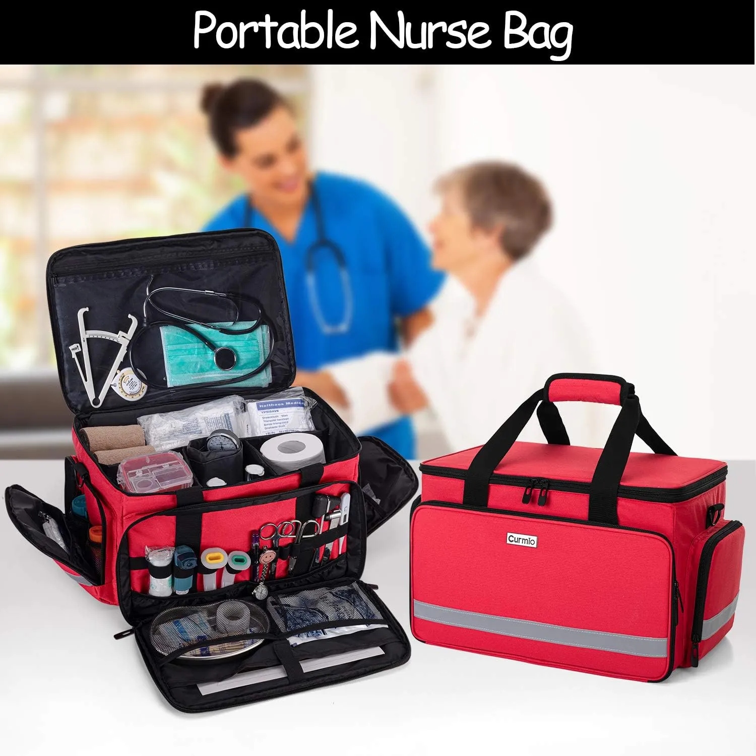 CURMIO Nurse Bag, Medical Bag Clinical Bag with Inner Dividers and No-Slip Bottom for Home Visits, Health Care, Hospice, For Nursing Students, Physical Therapists, Doctors,Red (Patent Pending)