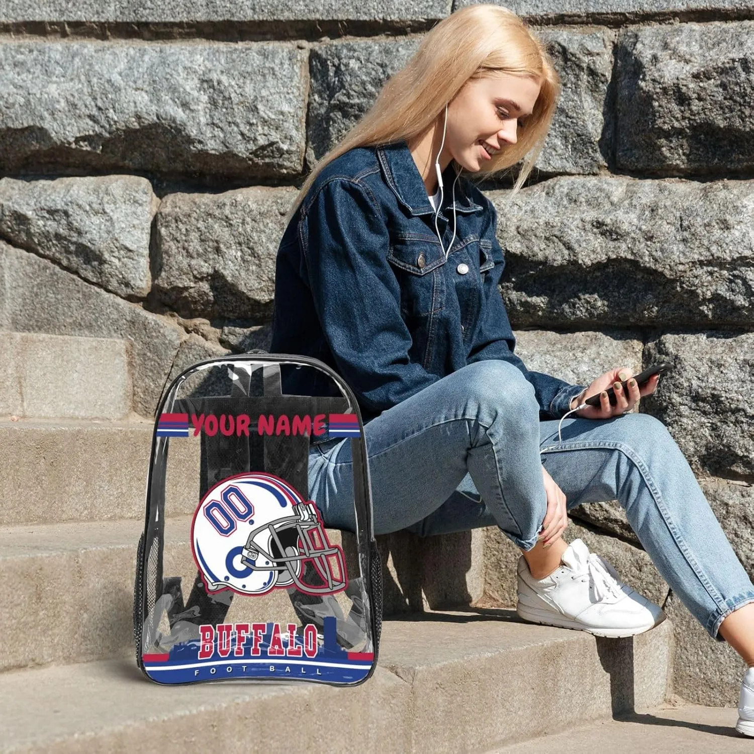 Custom Buffalo Backpack Personalized Clear Backpack With Name And Number，Large Capacity Transparent Laptop Bag Football Style Casual Daypack Gifts For Men Women Fans