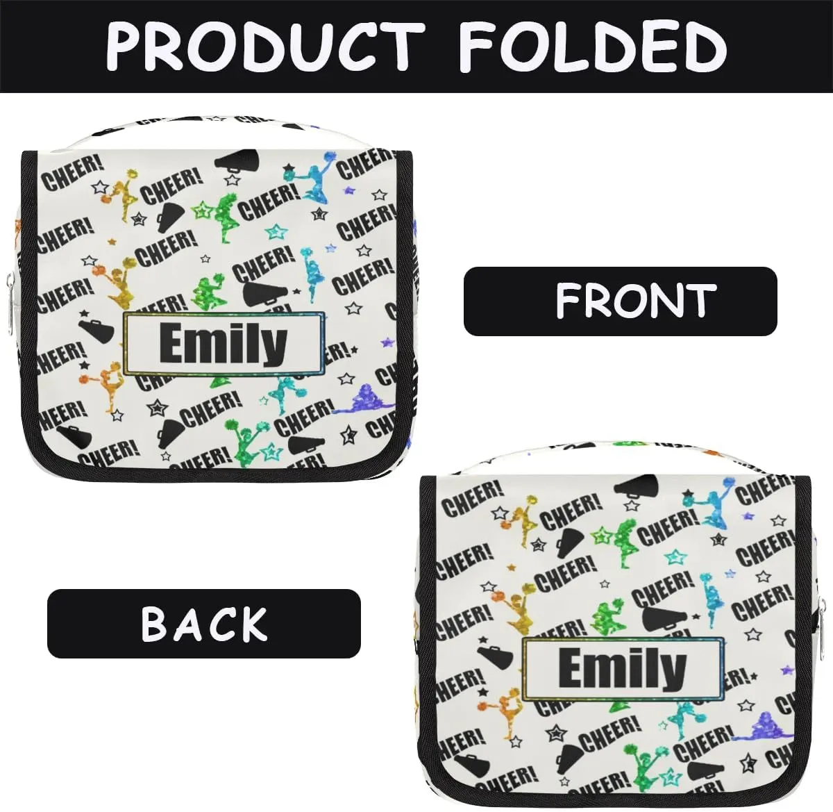 Custom Cheer Makeup Bag Cosmetic Cheerleading Case Personalized Cheer Toiletry Bags Cheerleader Gifts Travel Toiletry Bag with Hanging Hook, Rainbow Pattern