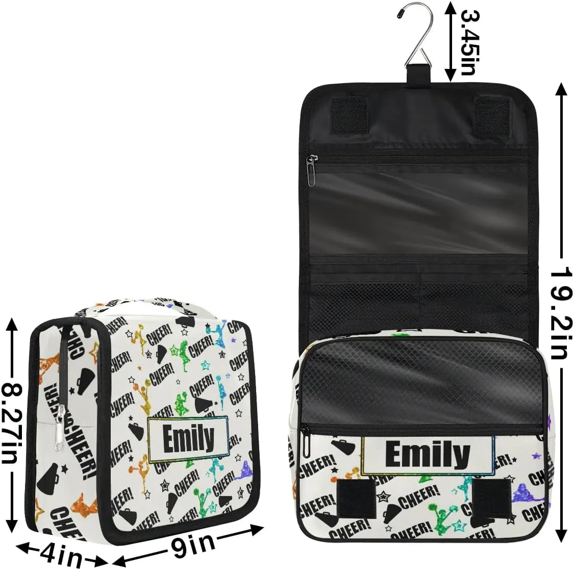 Custom Cheer Makeup Bag Cosmetic Cheerleading Case Personalized Cheer Toiletry Bags Cheerleader Gifts Travel Toiletry Bag with Hanging Hook, Rainbow Pattern
